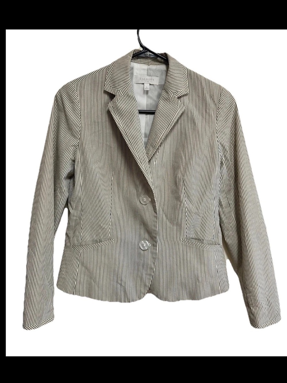 Talbots Blazer Size 4 Petite White Gray Seersucker Full Lined Classic Career